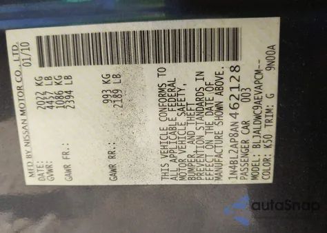 2010 Nissan Altima 3.5 Sr from USA, damaged, VIN 1N4BL2AP8AN462128